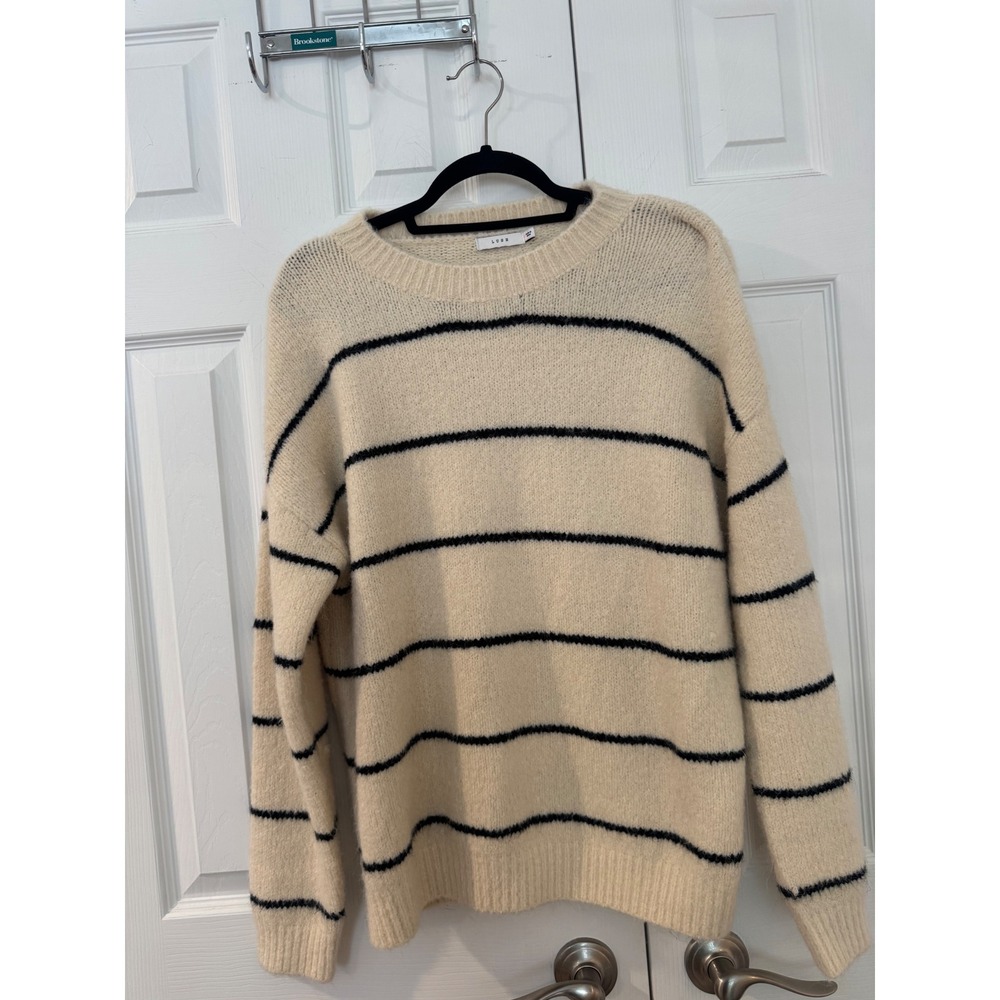 Lush Womens Striped Knit Sweater Cream Black Crew Neck Relaxed Fit Size Small